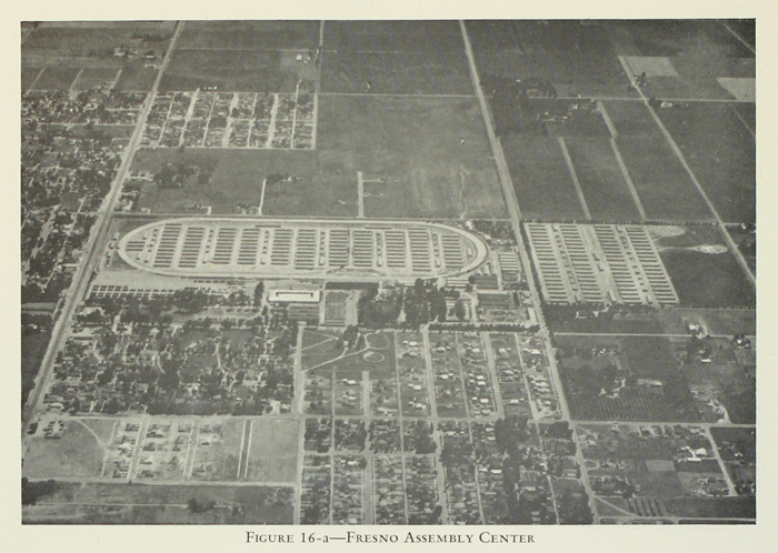 Aerial view of barracks at Fresno Assembly Center, 1942.