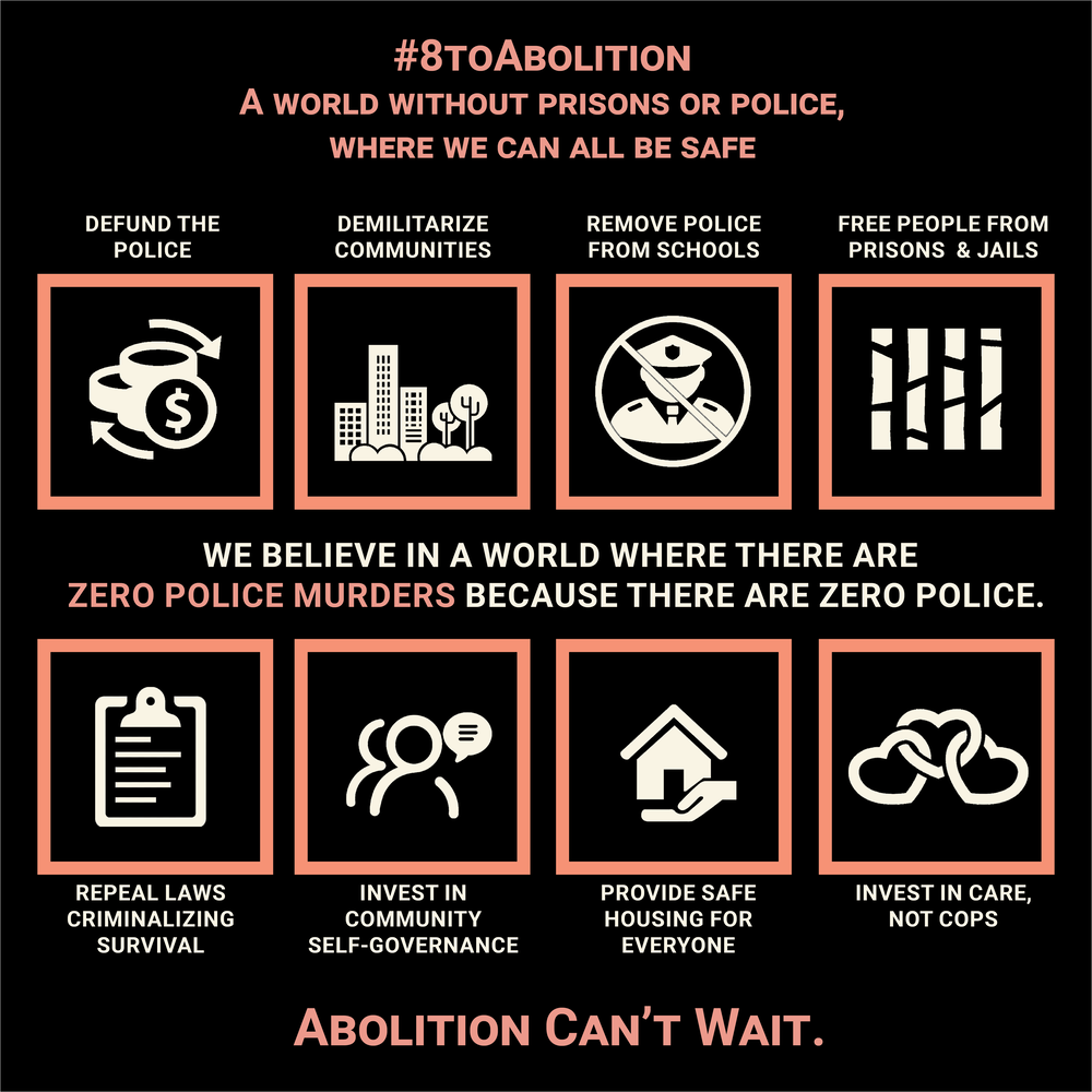 A graphic the from 8ToAbolition Campaign. Features small graphics, information, and action items on what abolition looks like.