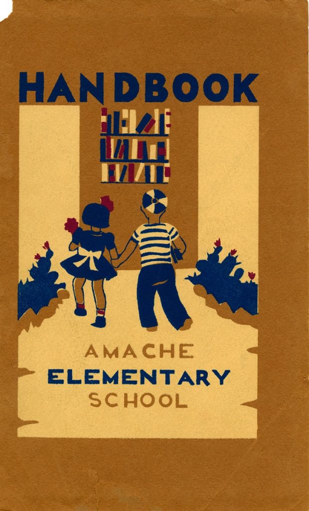 A printed handbook for Amache Elementary School. Features two children walking towards a wall of books along a cactus lined path.