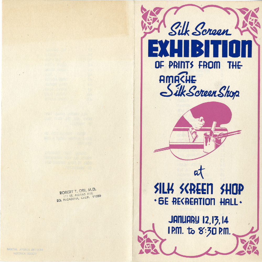 Leaflet of exhibitions by the Amache Silk Screen Shop. White and red design with a print of a hand and paintbrush in the center of the page.