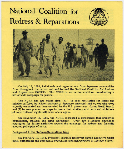 A yellow flyer for the National Coalition for Redress and Reparations. Features a photo of incarcerated Nikkei