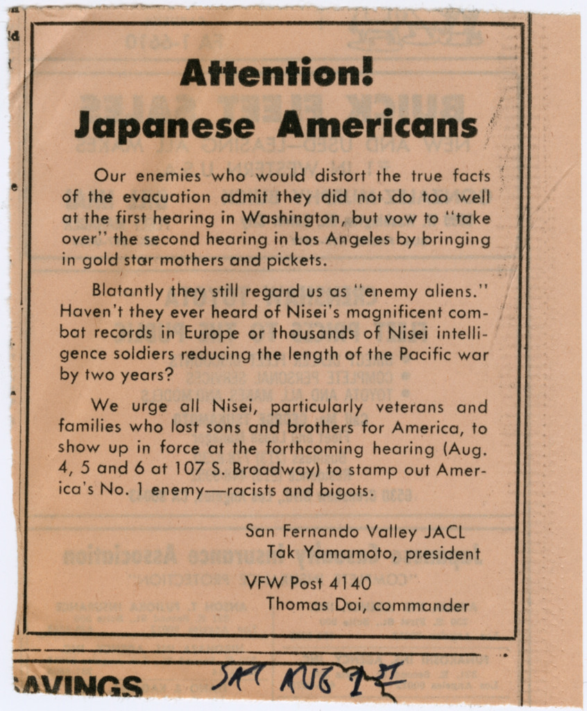 Pink colored newspaper ad written in English encouraging Nisei to show up to an upcoming hearing about redress procedures.