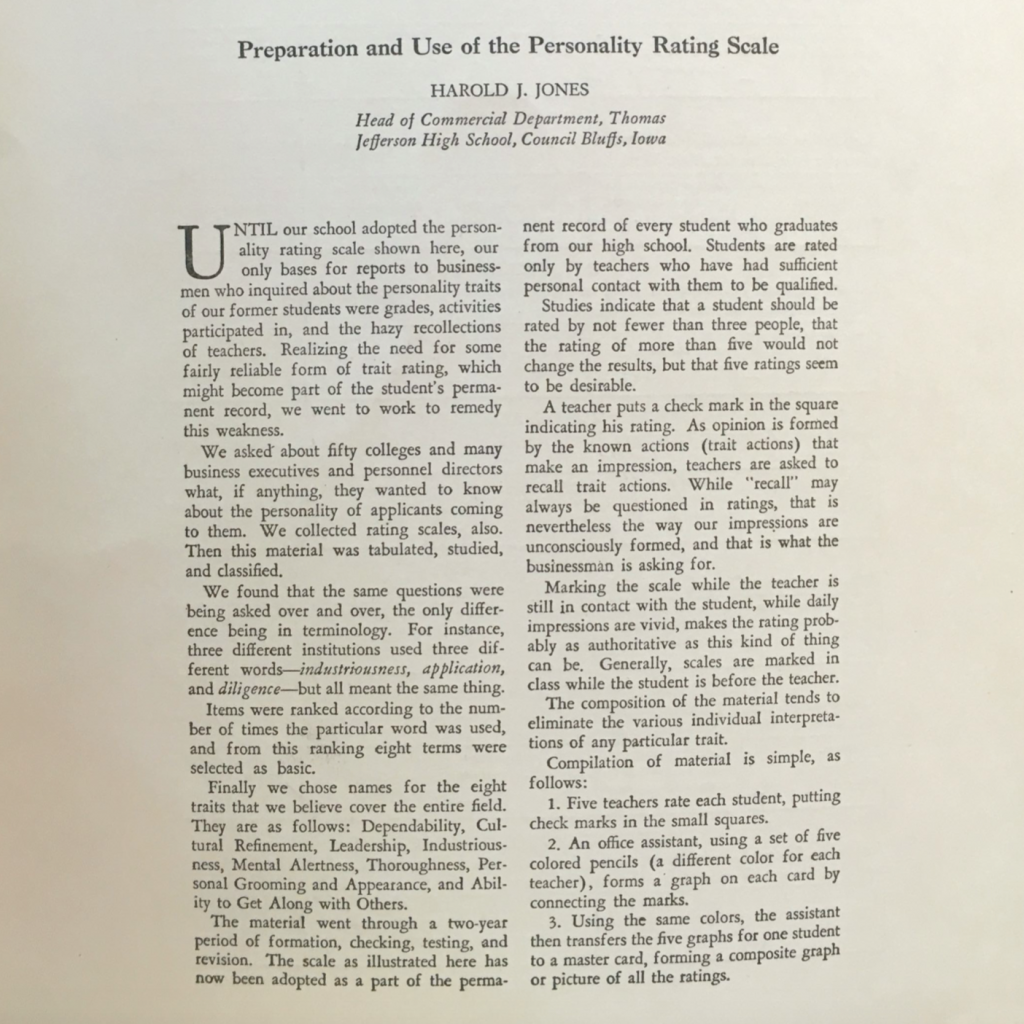 A white paper with text on it about the "Preparation and Use of the Personality Rating Scale."