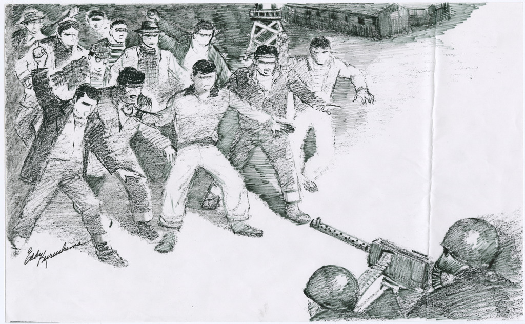 A hand-drawn illustration depicting the Manzanar riot/uprising. In the lower right corner are two soldiers pointing a machine gun at a crowd of Japanese Americans, depicted in the upper left. Several of the inmates are holding rocks and taking aim at the soldiers. In the background are a guard tower and two barracks.