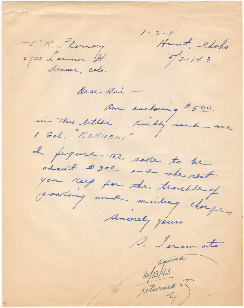 A handwritten letter in blue pen is sent to T.K. pharmacy from Minidoka concentration camp. The letter requests Kokusui sake.