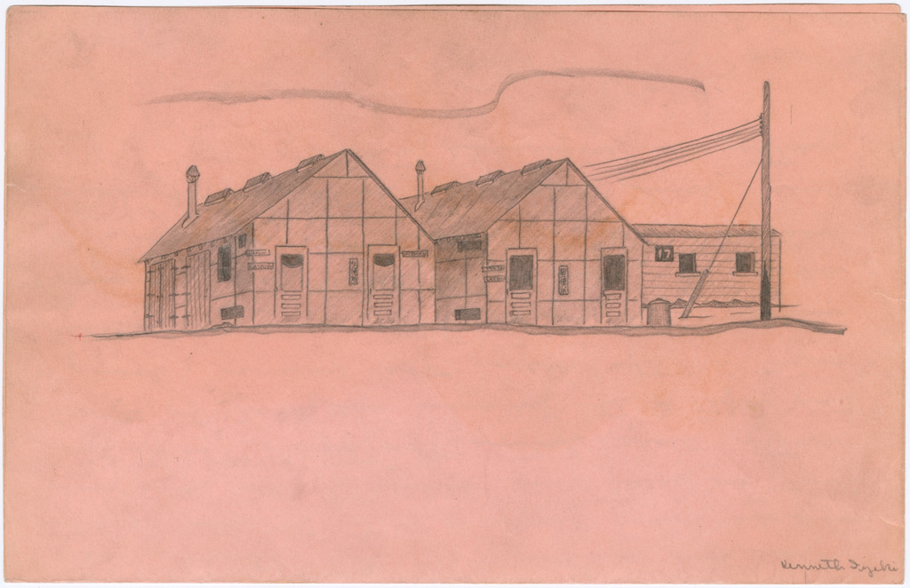 Drawing on a pink sheet of paper of two barracks buildings containing the latrines at Tanforan Assembly Center.